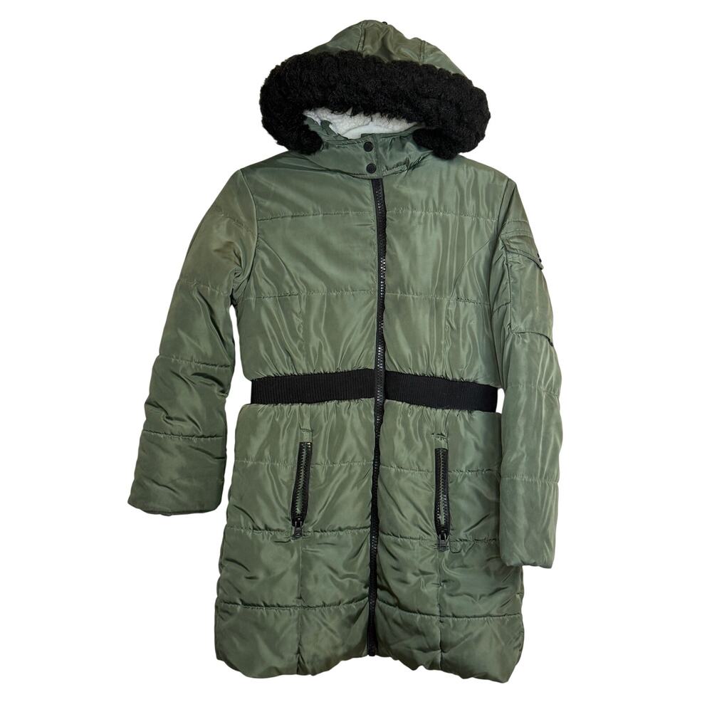 Hudson Girls Long Puffer Coat Sz L 12-14 Fur Hood Belted